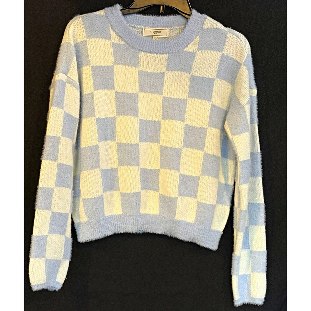 No Comment Blue White Check Knit Pullover Sweater Crew Neck Long Sleeve M